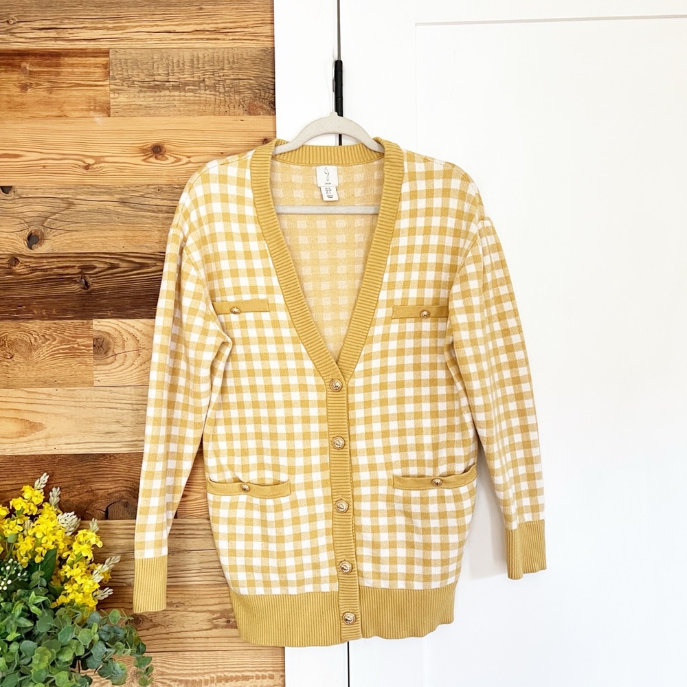 Joie Mustard Gingham Gold Button Cardigan - Picture 2 of 3